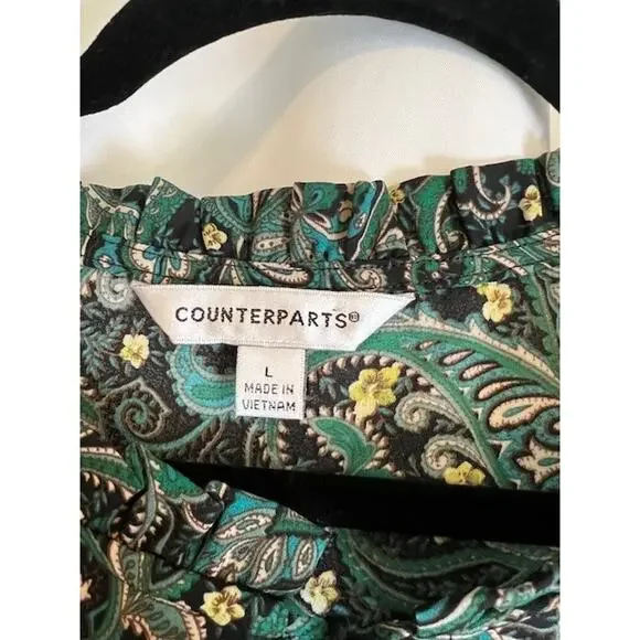 Counterparts Blouse Womens L Green Paisley New Long Sleeves Ruffle - Picture 4 of 9